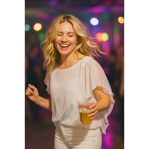 ADORE White Blouse Flowy Flutter Sleeve‎ Sheer Top Blue Detail Size L